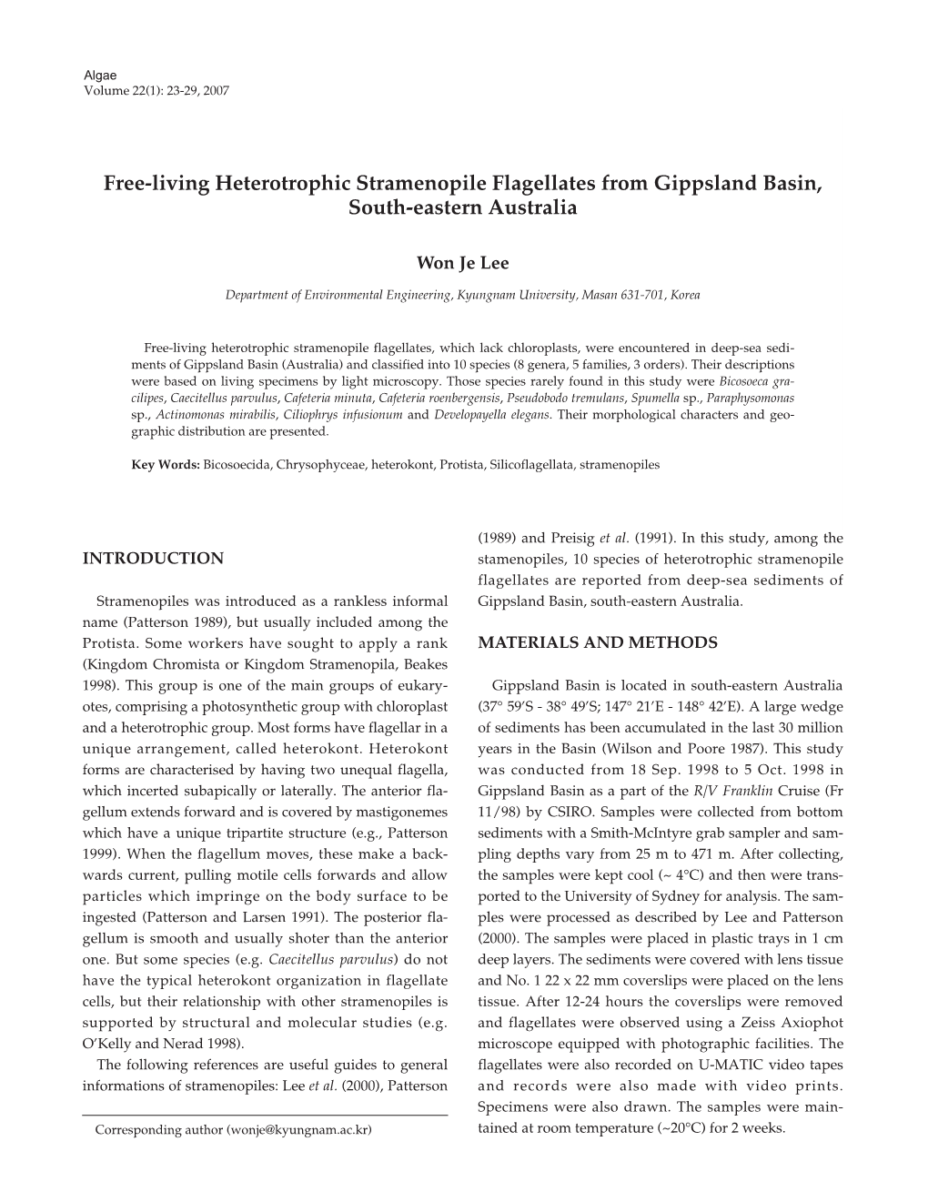 Free-Living Heterotrophic Stramenopile Flagellates from Gippsland Basin, South-Eastern Australia