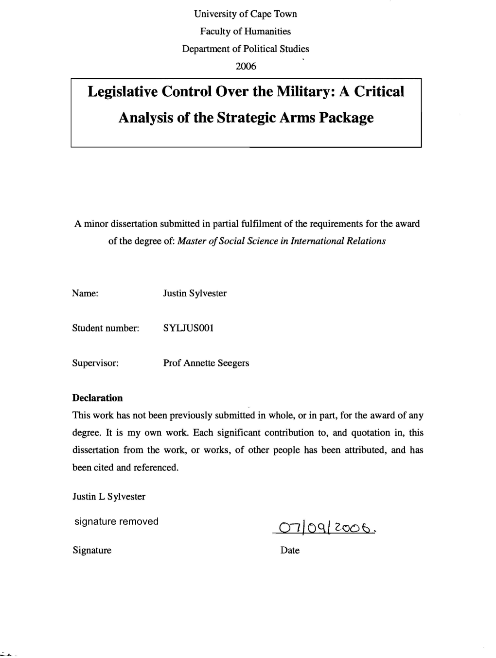 Legislative Control Over the Military: a Critical Analysis of the Strategic Arms Package