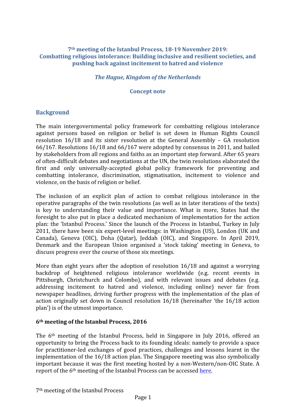 7Th Meeting of the Istanbul Process Page 1 7Th Meeting of the Istanbul Process, 18-19 November 2019: Combatting Religious In
