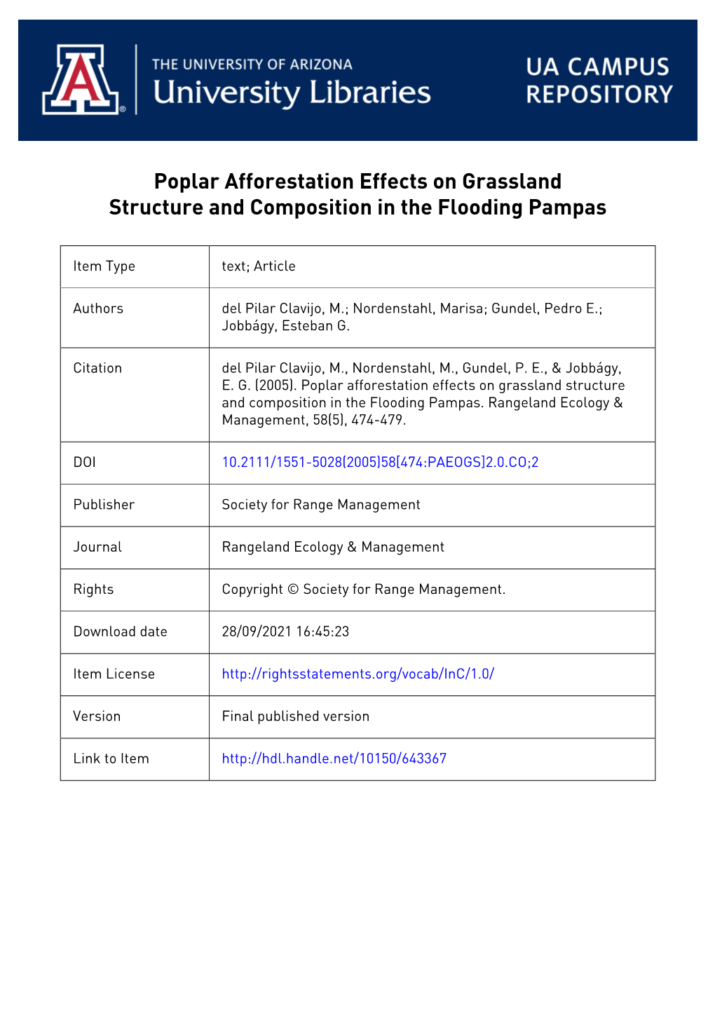 Poplar Afforestation Effects on Grassland Structure and Composition in the Flooding Pampas