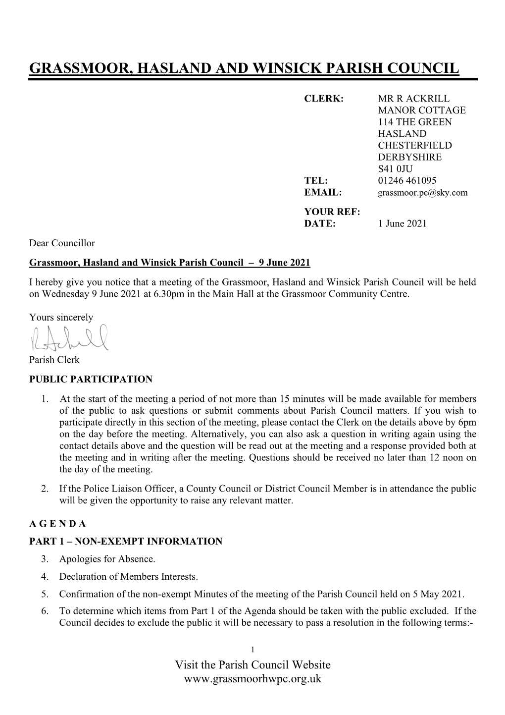 Parish Council Agenda – 9 June 2021