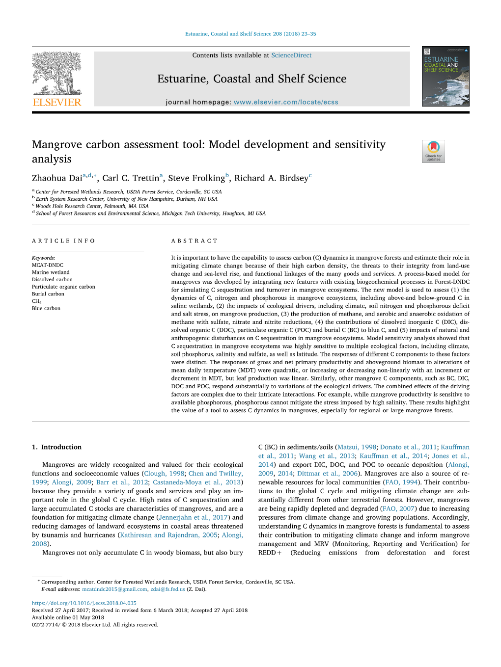 Mangrove Carbon Assessment Tool Model Development and Sensitivity Analysis