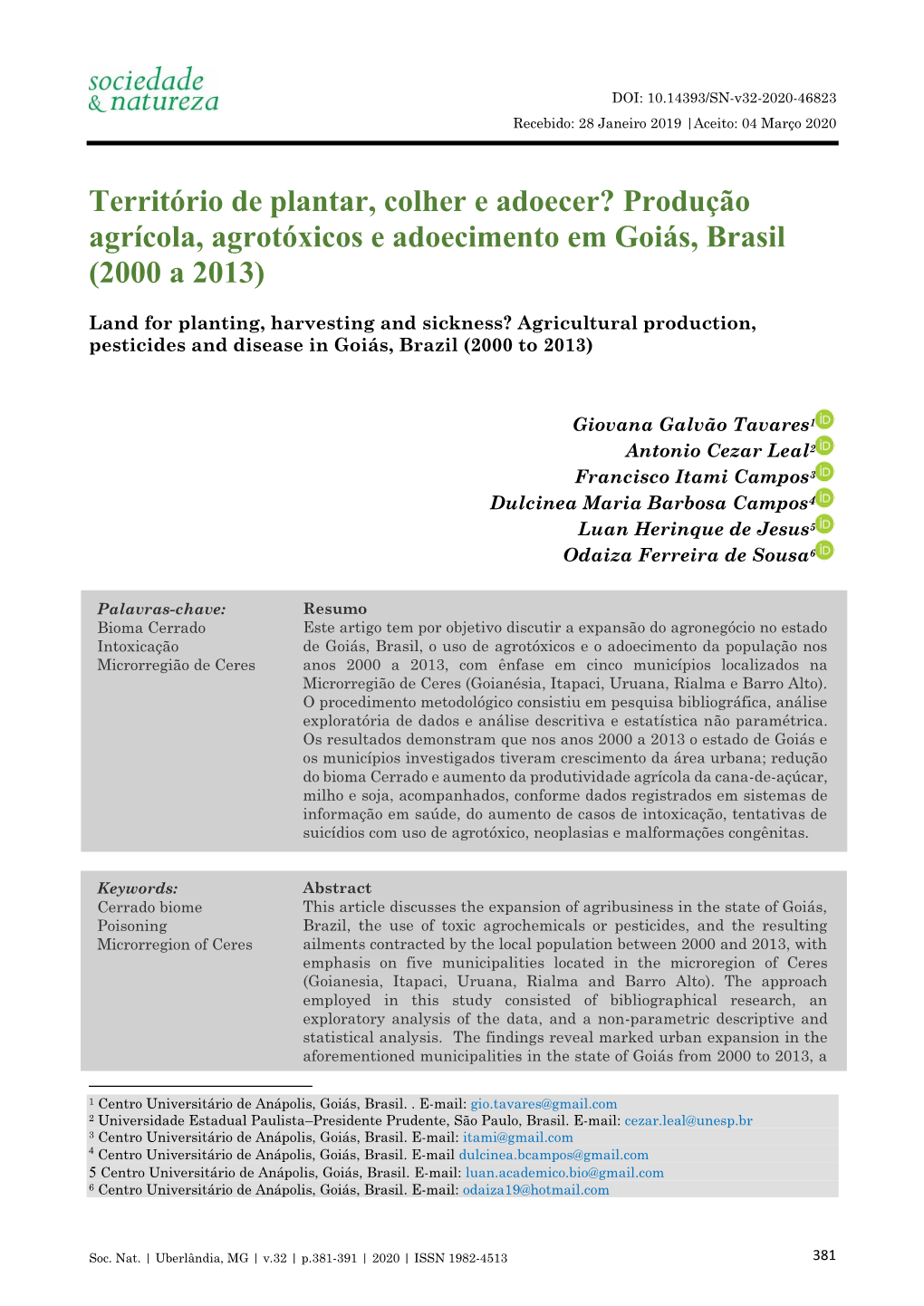 Produção Agrícola, Agrotóxicos E Adoecimento Em Goiás, Brasil (2000 a 2013)
