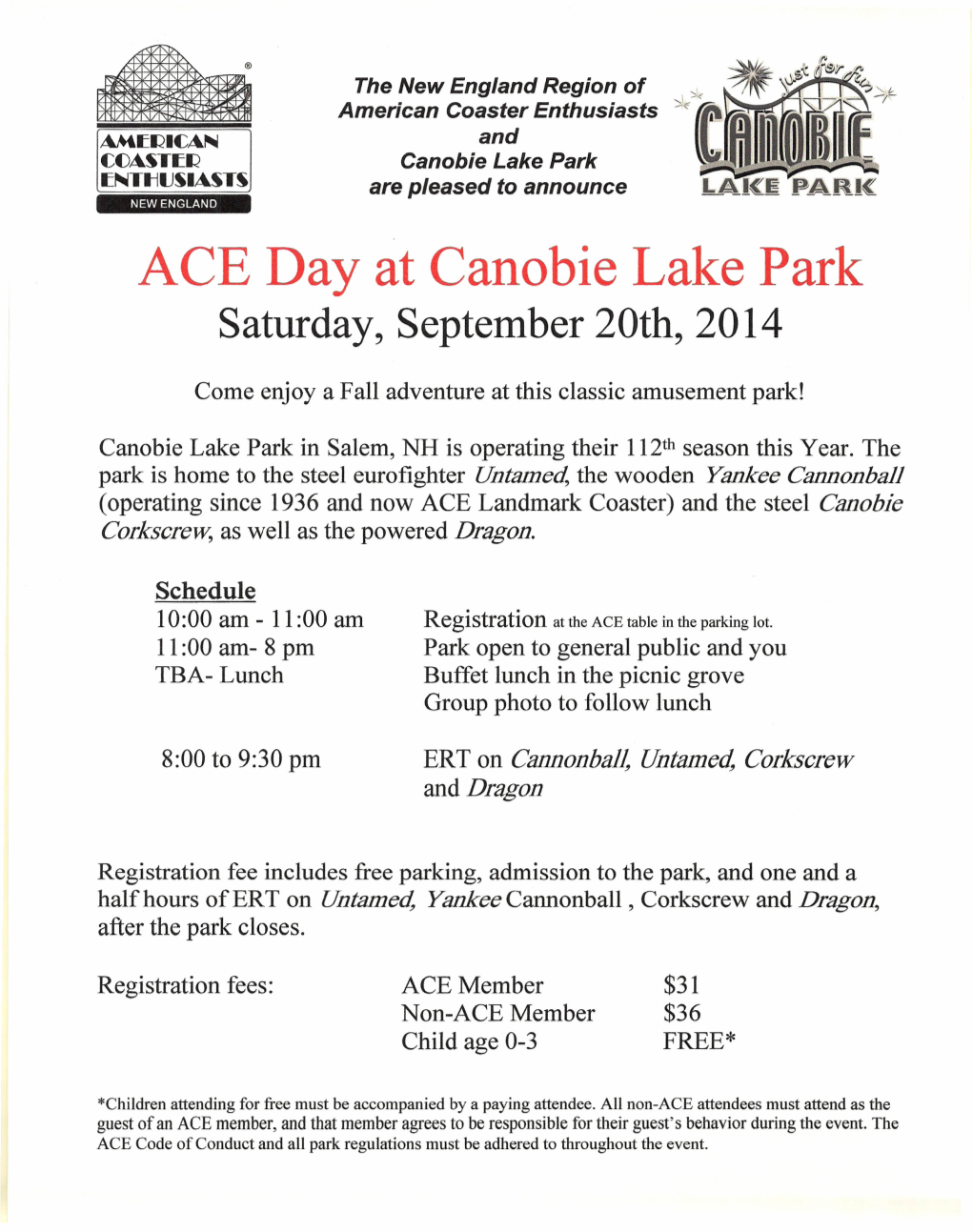 ACE Day at Canobie Lake Park Saturday, September 20Th, 2014