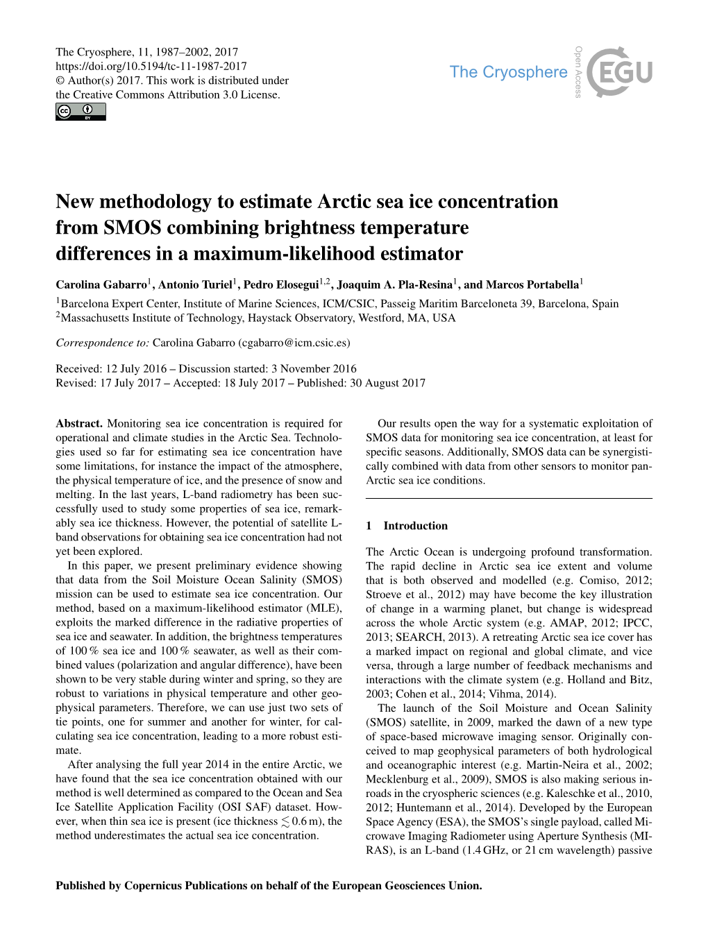 New Methodology to Estimate Arctic Sea Ice Concentration from SMOS Combining Brightness Temperature Differences in a Maximum-Likelihood Estimator
