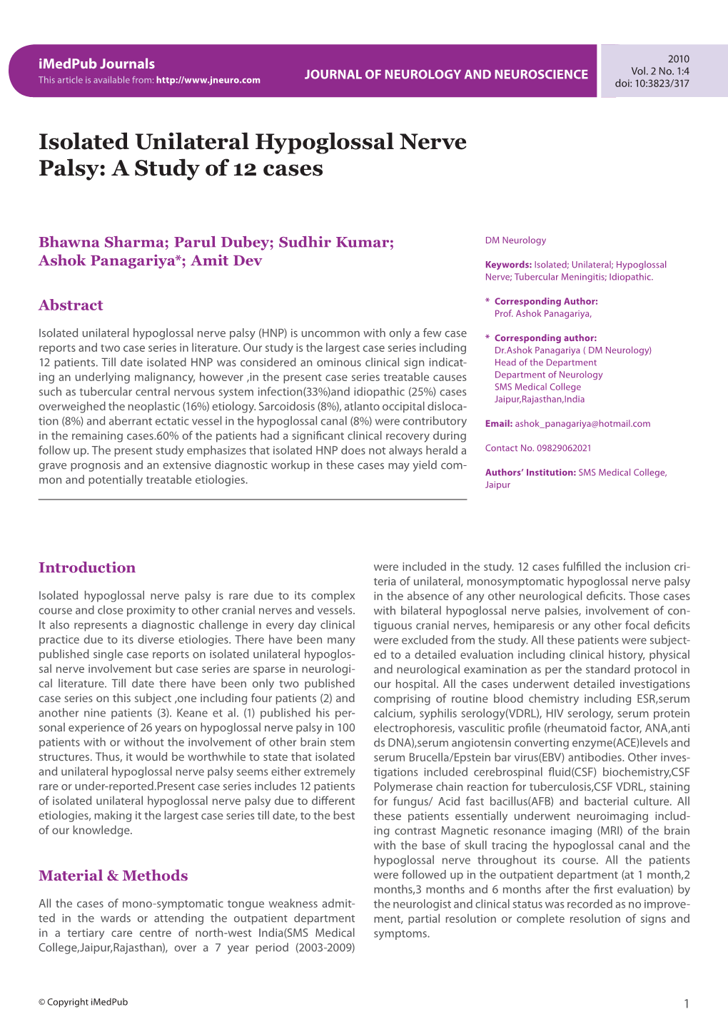 Isolated Unilateral Hypoglossal Nerve Palsy: a Study of 12 Cases