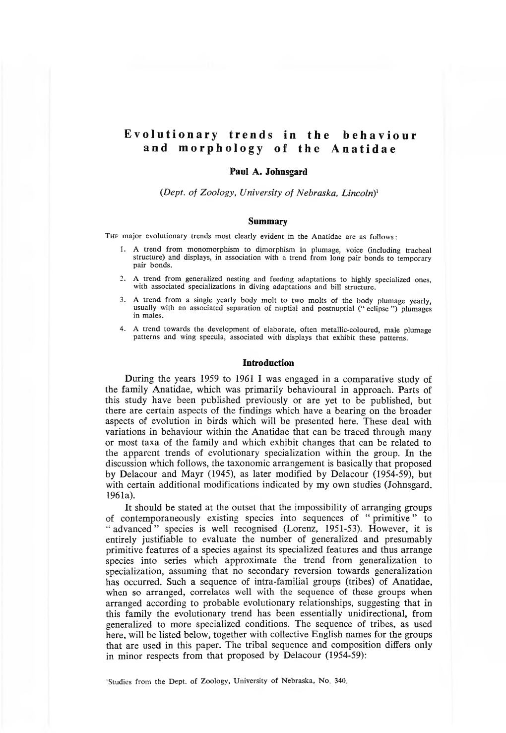 Evolutionary Trends in the Behaviour and Morphology of the Anatidae