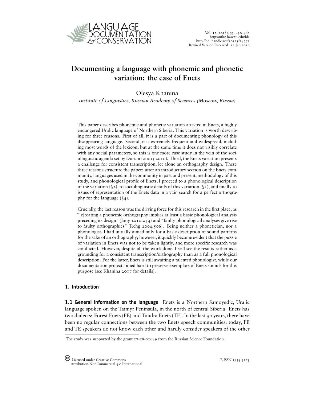 Documenting a Language with Phonemic and Phonetic Variation: the Case of Enets