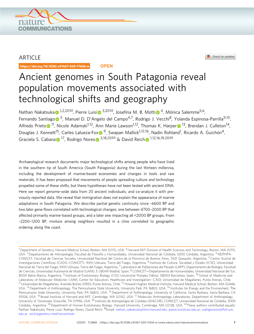 Ancient Genomes in South Patagonia Reveal Population Movements Associated with Technological Shifts and Geography