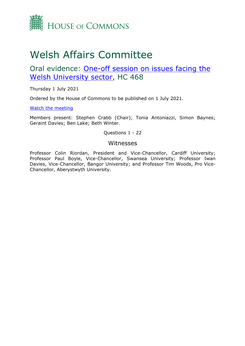 Welsh Affairs Committee Oral Evidence: One-Off Session on Issues Facing the Welsh University Sector, HC 468