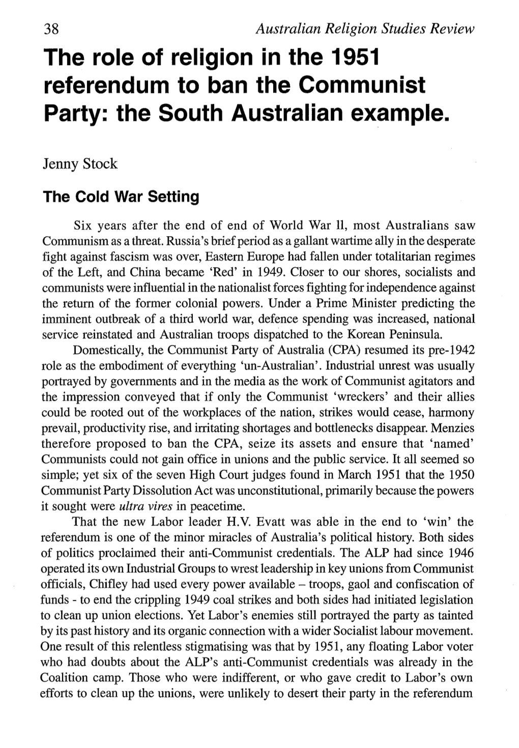 The Role of Religion in the 1951 Referendum to Ban the Communist Party: the South Australian Example