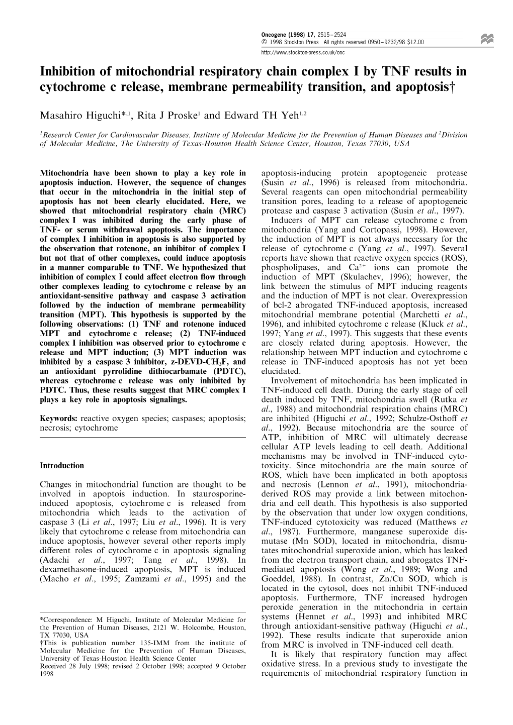 Inhibition of Mitochondrial Respiratory Chain Complex I by TNF Results in Cytochrome C Release, Membrane Permeability Transition, and Apoptosis{