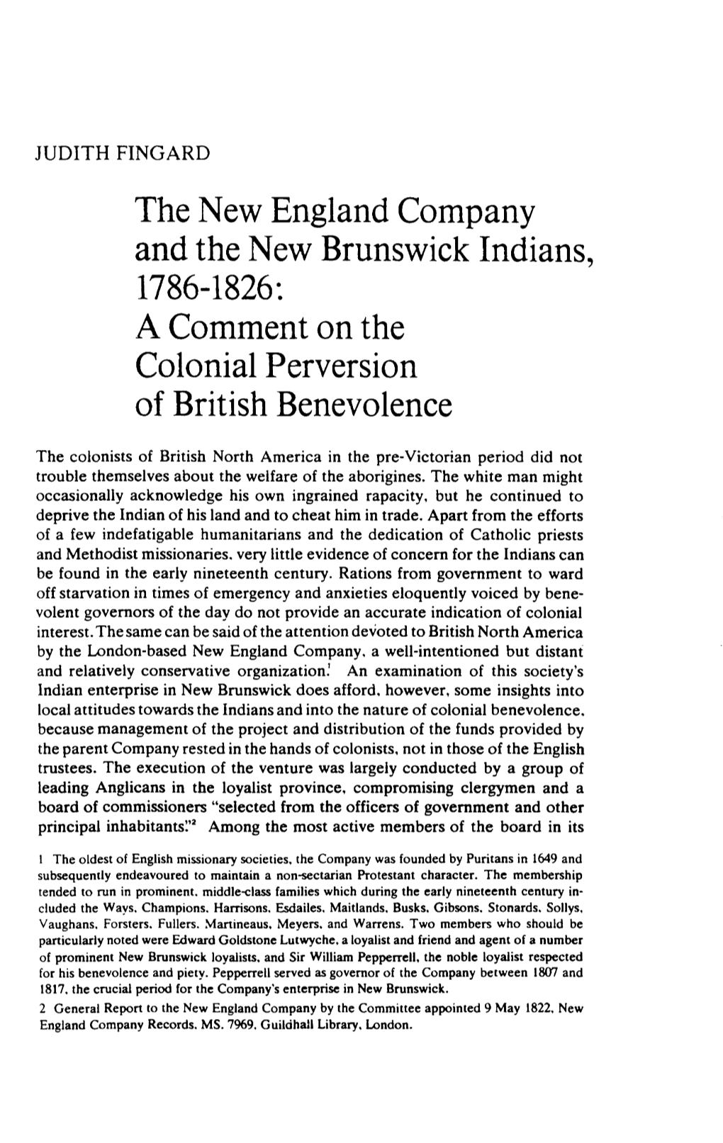 The New England Company and the New Brunswick Indians, 1786-1826: a Comment on the Colonial Perversion of British Benevolence