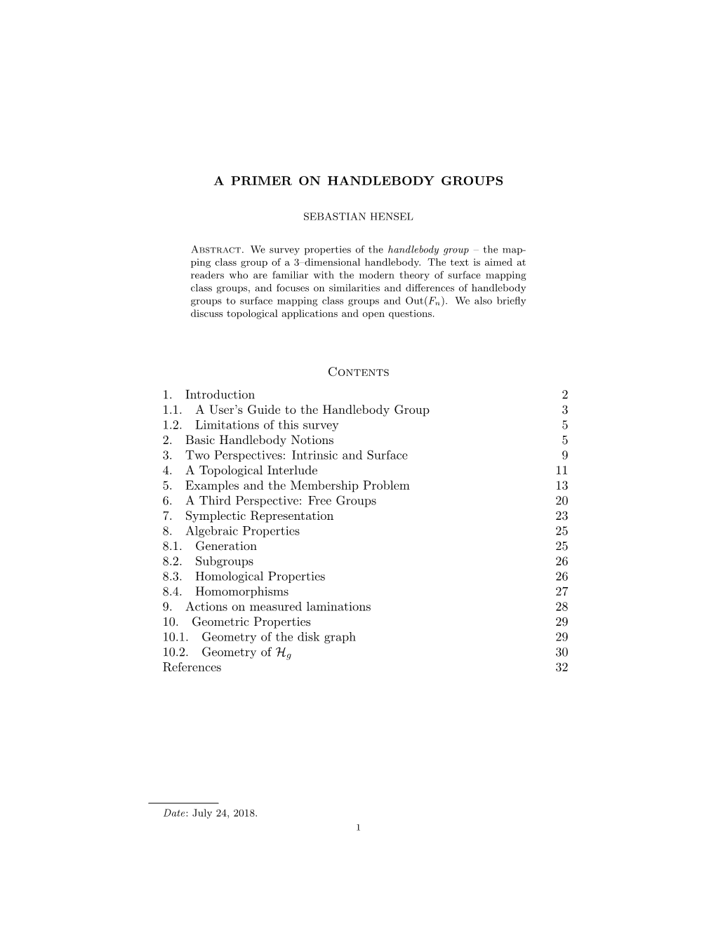 A PRIMER on HANDLEBODY GROUPS Contents 1. Introduction 2