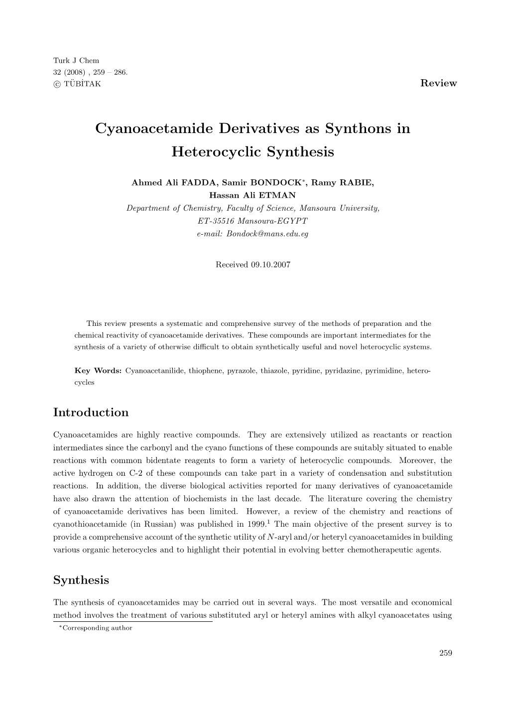 Cyanoacetamide Derivatives As Synthons in Heterocyclic Synthesis