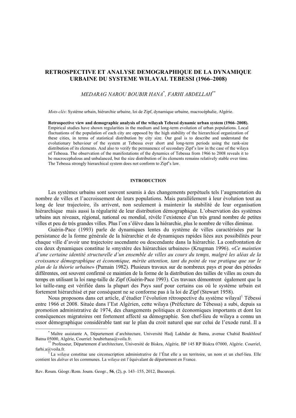 Retrospective Et Analyse Demographique De La Dynamique Urbaine Du Systeme Wilayal Tebessi (1966–2008)