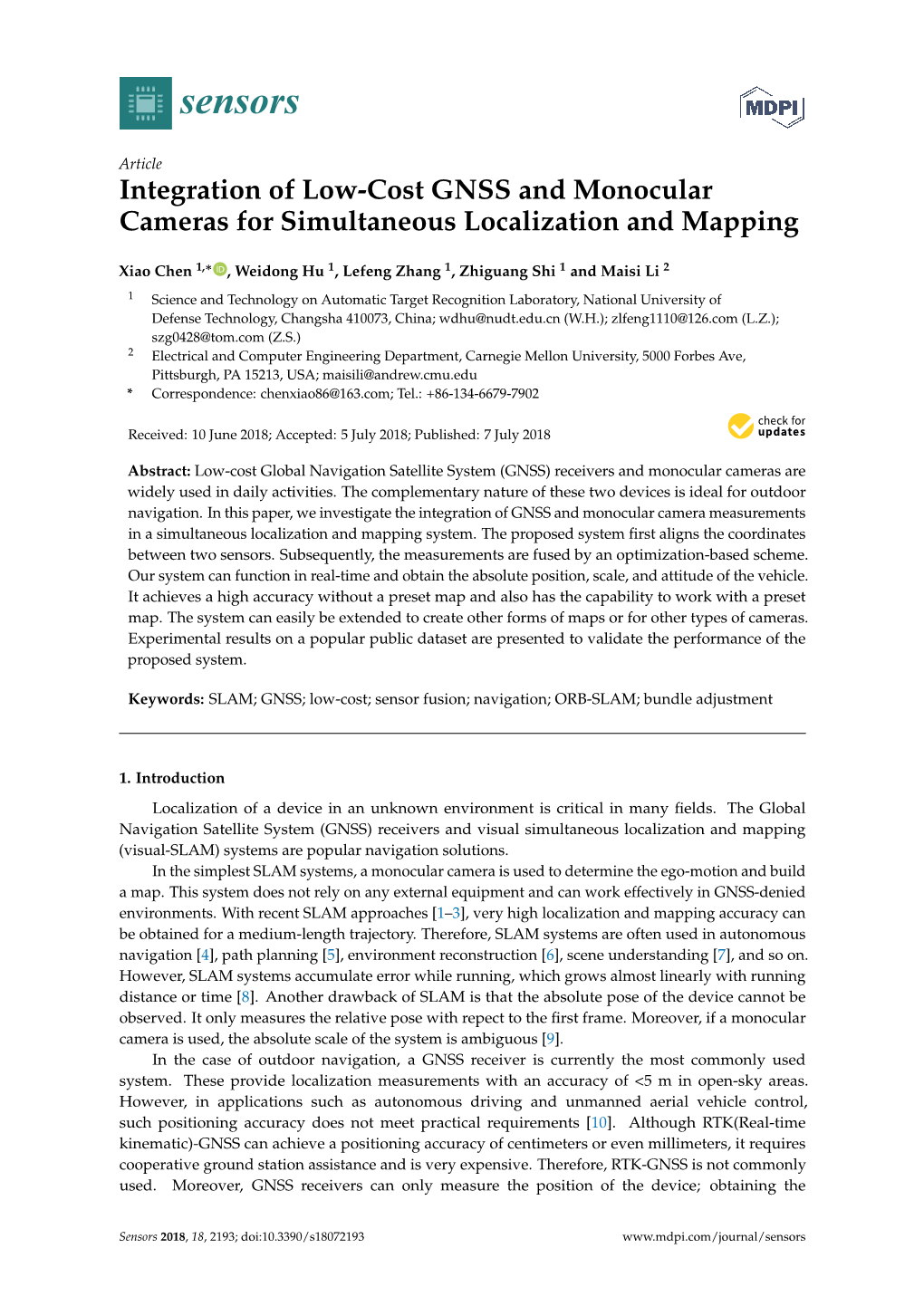 Integration of Low-Cost GNSS and Monocular Cameras for Simultaneous Localization and Mapping