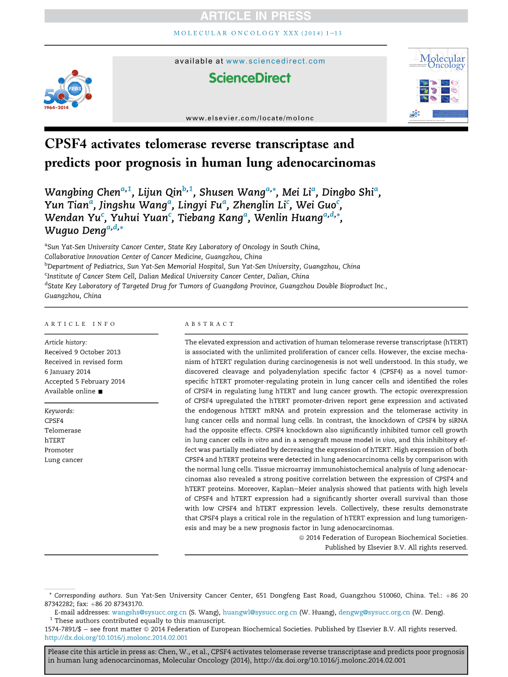 CPSF4 Activates Telomerase Reverse Transcriptase and Predicts Poor Prognosis in Human Lung Adenocarcinomas