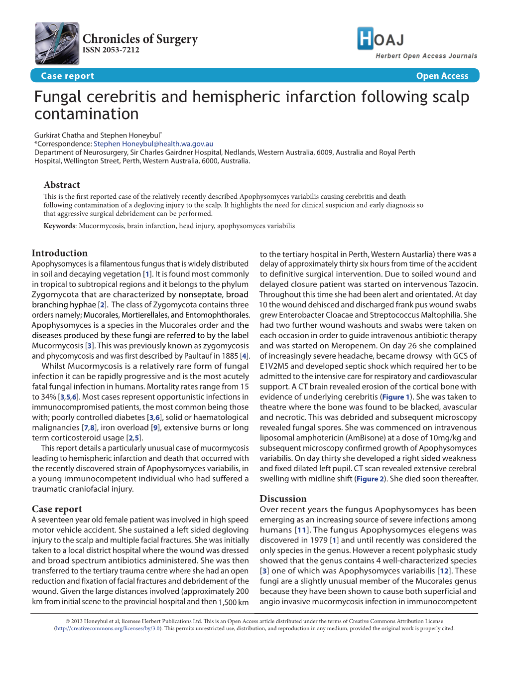 Fungal Cerebritis and Hemispheric Infarction Following Scalp Contamination