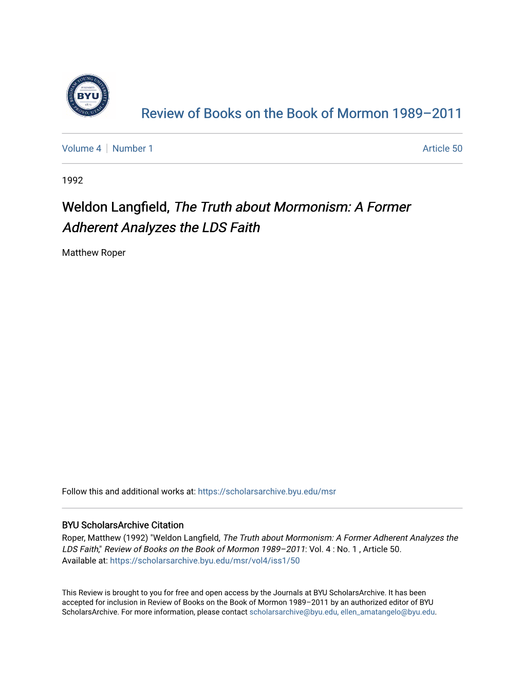 Weldon Langfield, the Truth About Mormonism: a Former Adherent Analyzes the LDS Faith