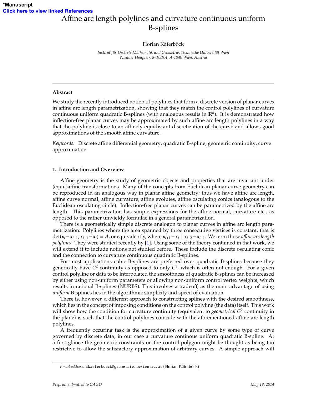 Affine Arc Length Polylines and Curvature Continuous Uniform B