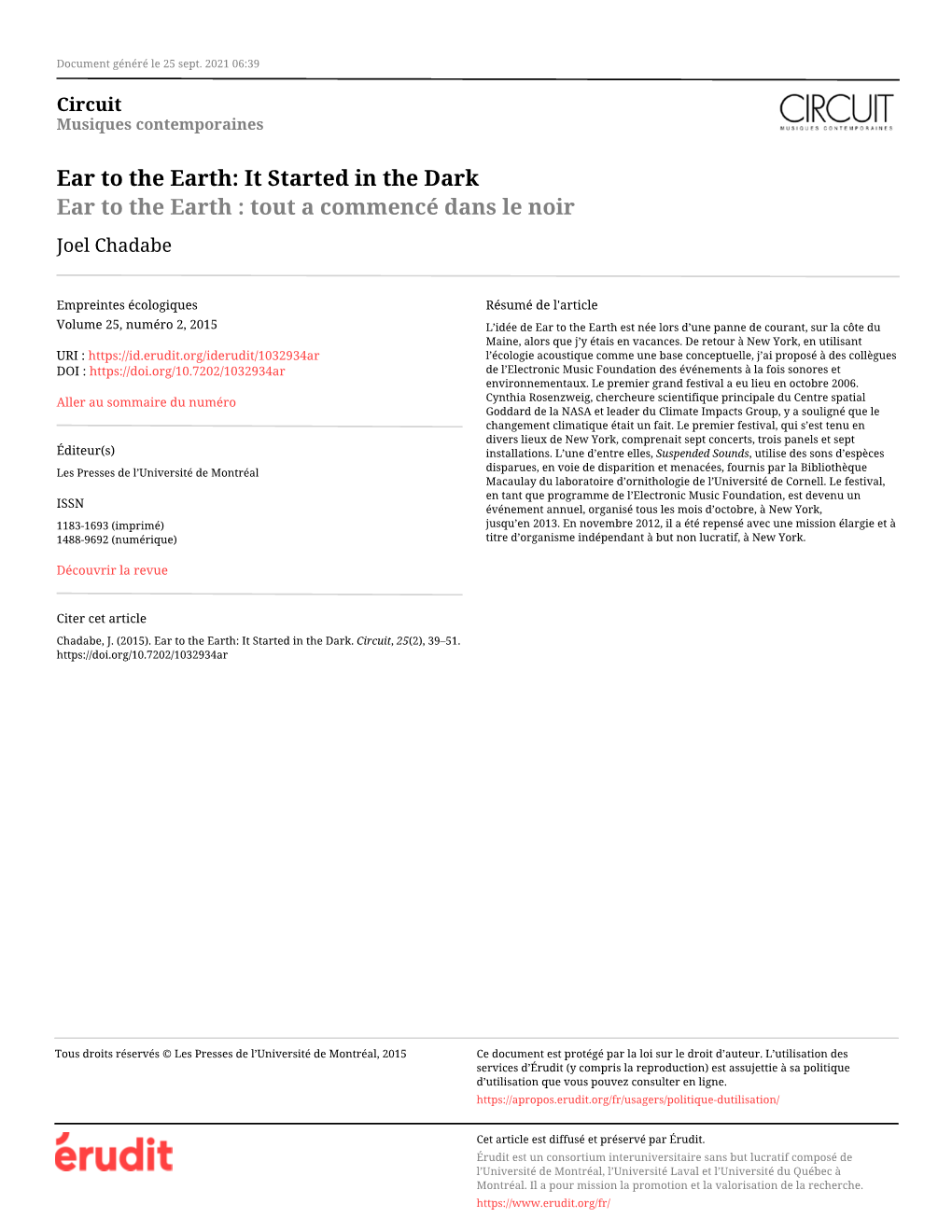 Ear to the Earth: It Started in the Dark Ear to the Earth : Tout a Commencé Dans Le Noir Joel Chadabe