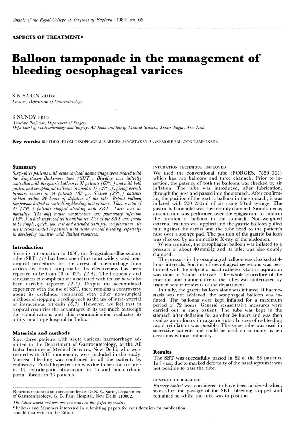 Balloon Tamponade in the Management of Bleeding Oesophageal Varices