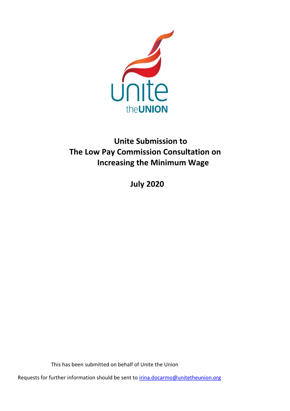 Unite Submission to the Low Pay Commission Consultation on Increasing the Minimum Wage