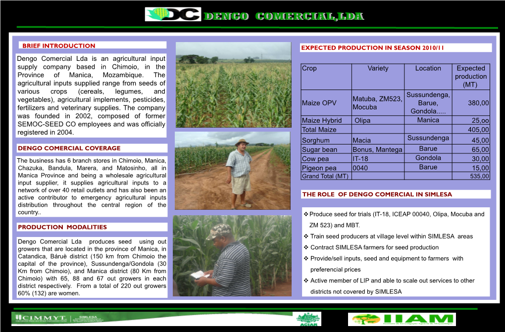Dengo Comercial Lda Is an Agricultural Input Supply Company Based in Chimoio, in the Crop Variety Location Expected Province of Manica, Mozambique