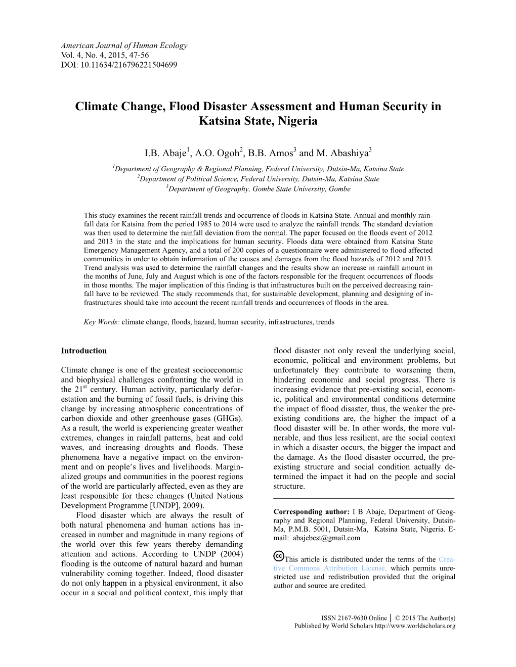 Climate Change, Flood Disaster Assessment and Human Security in Katsina State, Nigeria