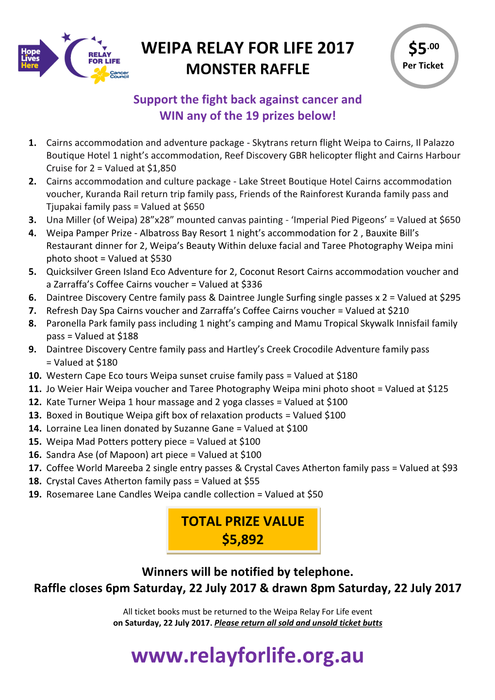 WEIPA RELAY for LIFE 2017 MONSTER RAFFLE Support The