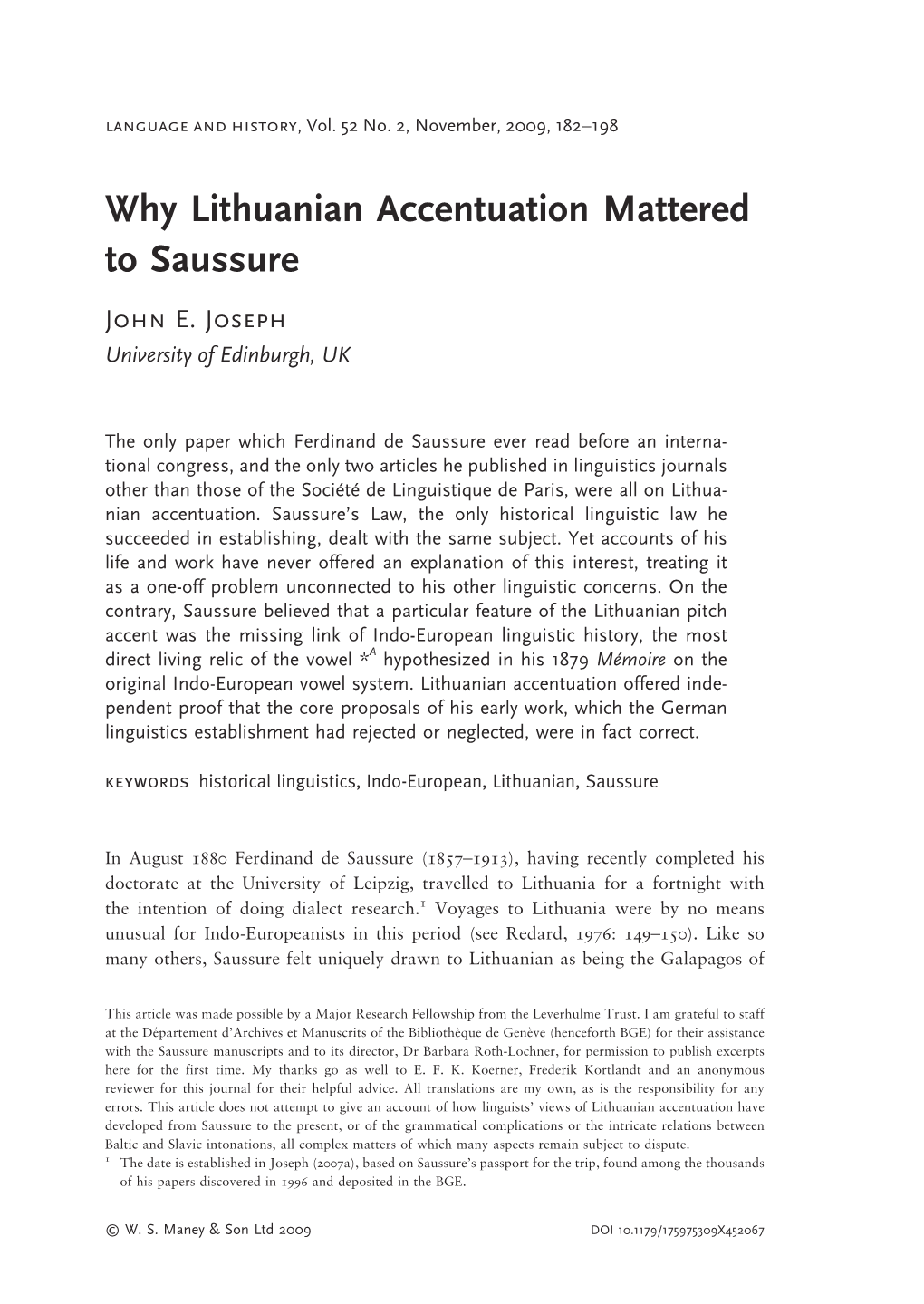 Why Lithuanian Accentuation Mattered to Saussure John E