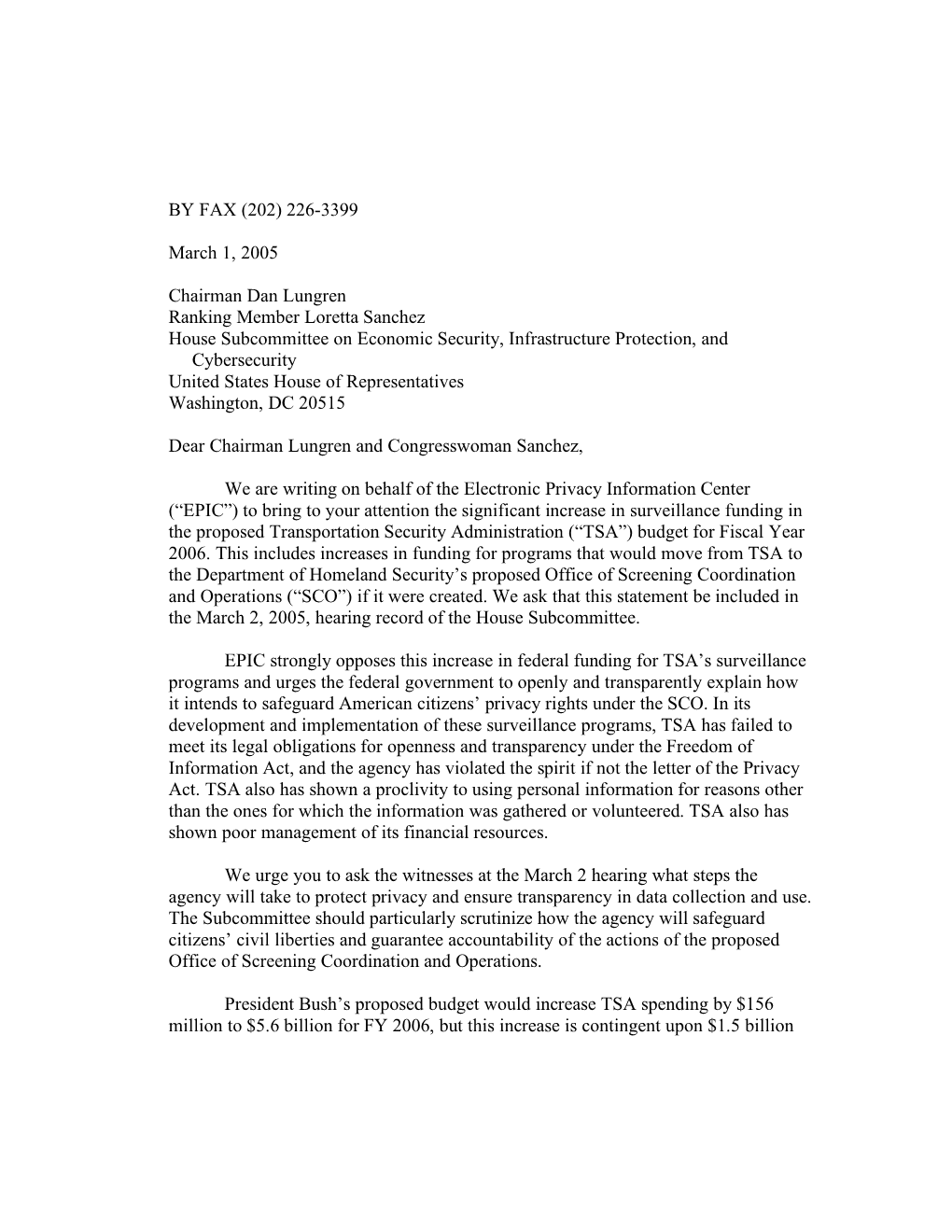 226-3399 March 1, 2005 Chairman Dan Lungren Ranking Member