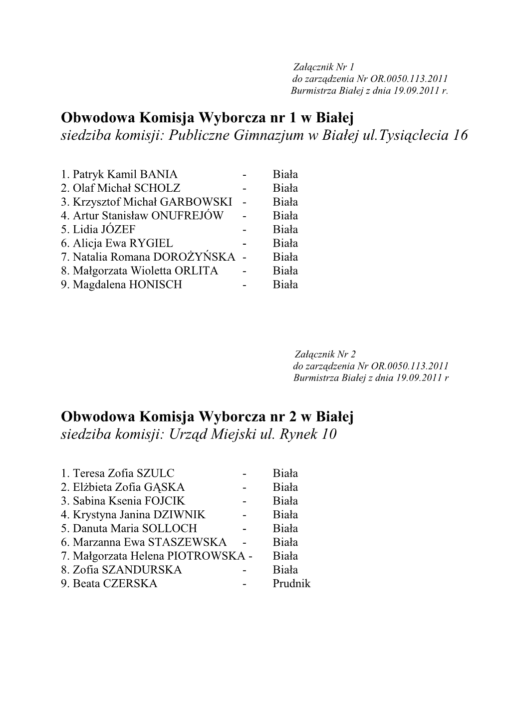 Załącznik Nr 1 Do Zarządzenia Nr OR.0050.113.2011 Burmistrza Białej Z Dnia 19.09.2011 R