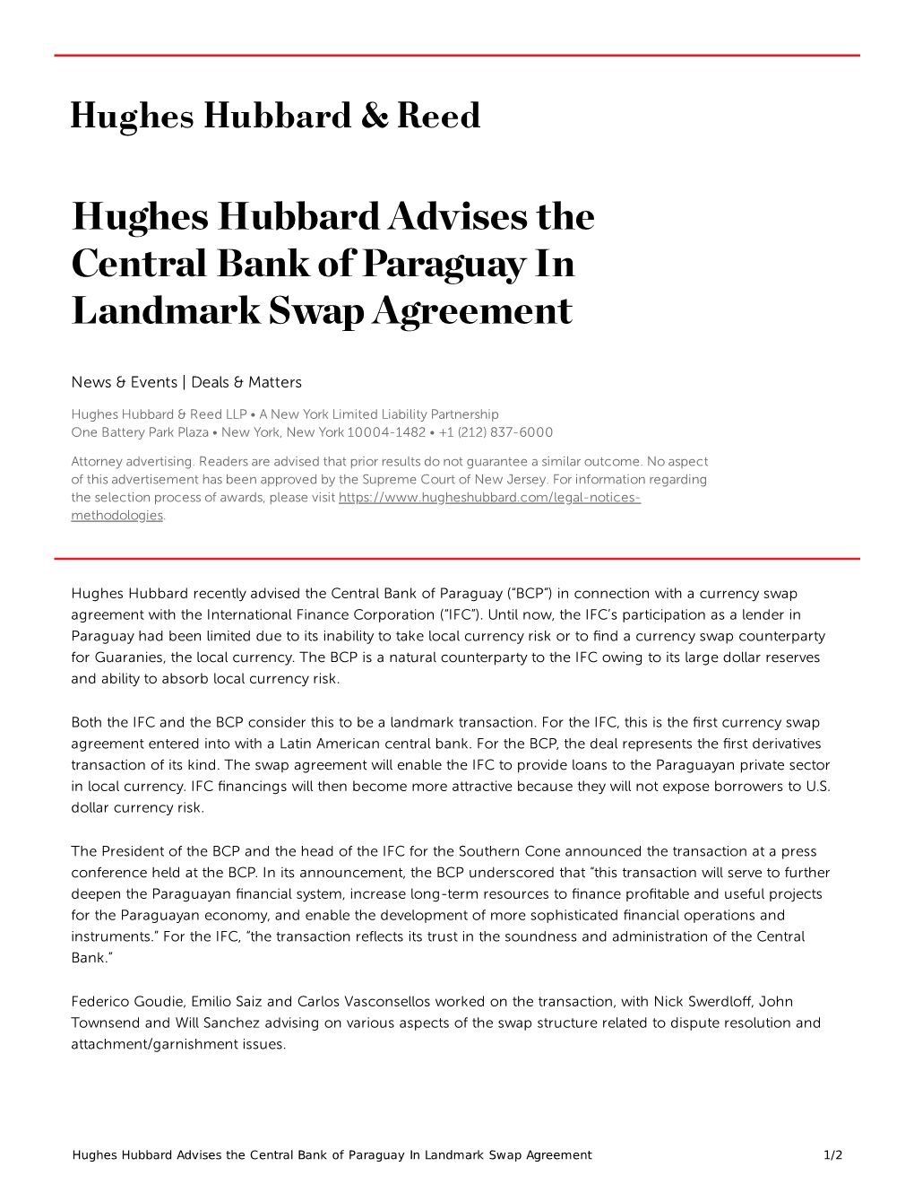 Hughes Hubbard Advises the Central Bank of Paraguay in Landmark Swap Agreement