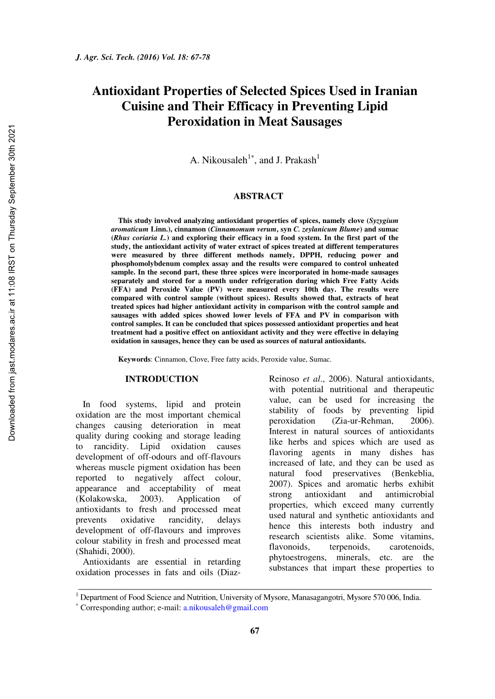 Antioxidant Properties of Selected Spices Used in Iranian Cuisine and Their Efficacy in Preventing Lipid Peroxidation in Meat Sausages