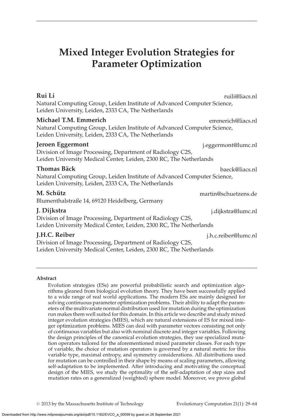 Mixed Integer Evolution Strategies for Parameter Optimization