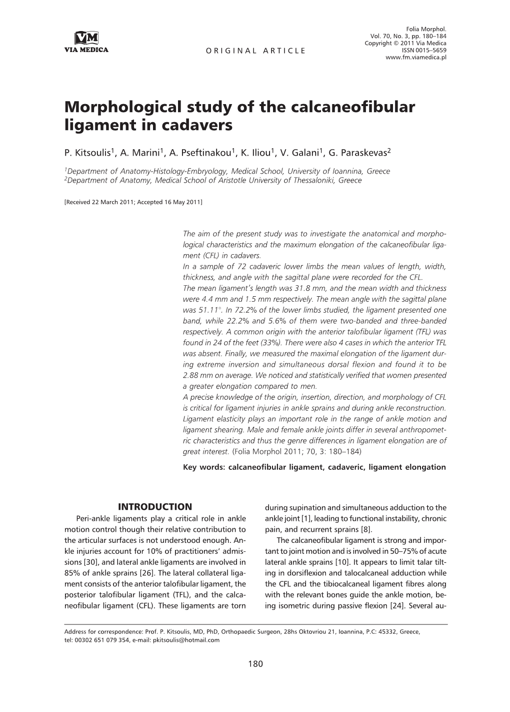 Morphological Study of the Calcaneofibular Ligament in Cadavers