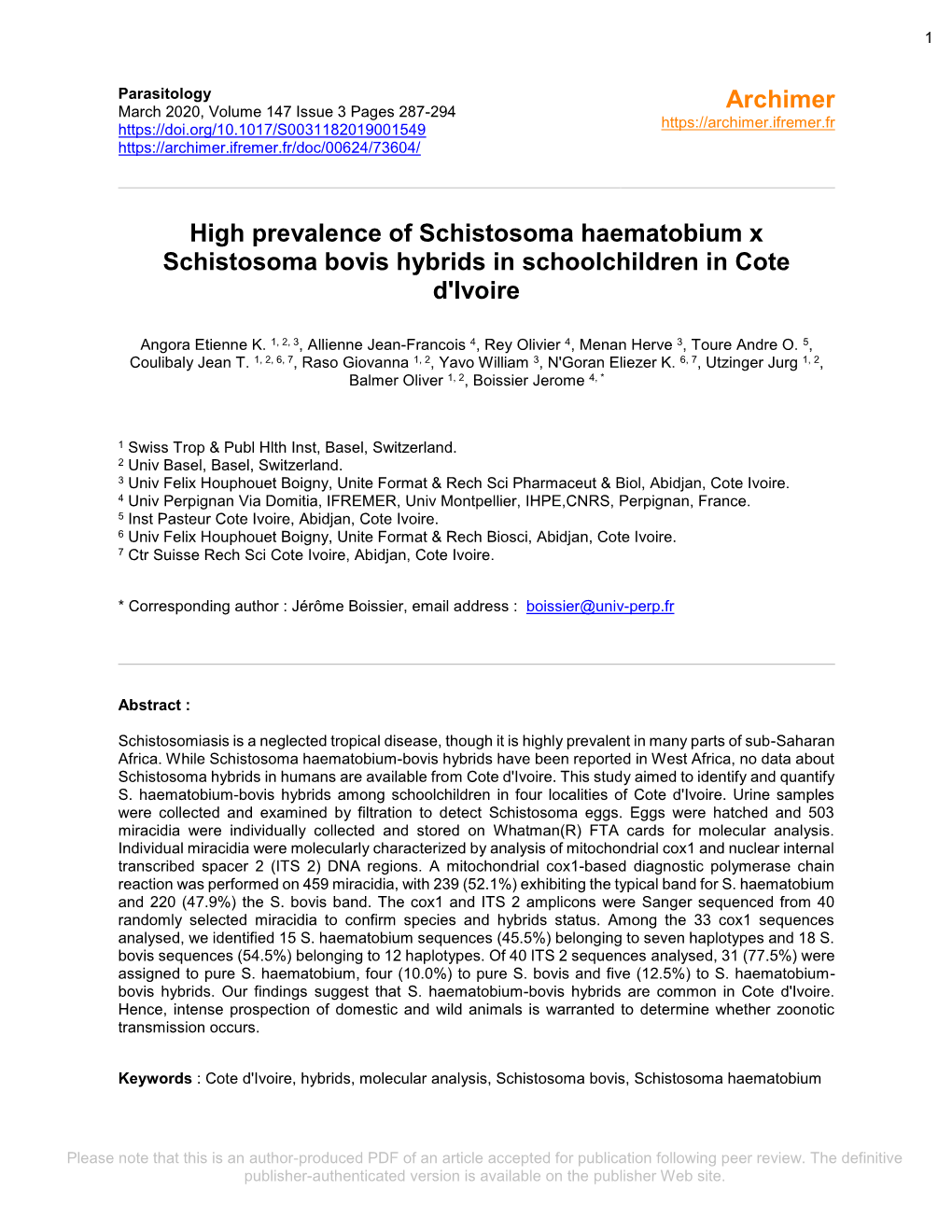 High Prevalence of Schistosoma Haematobium X Schistosoma Bovis Hybrids in Schoolchildren in Cote D'ivoire