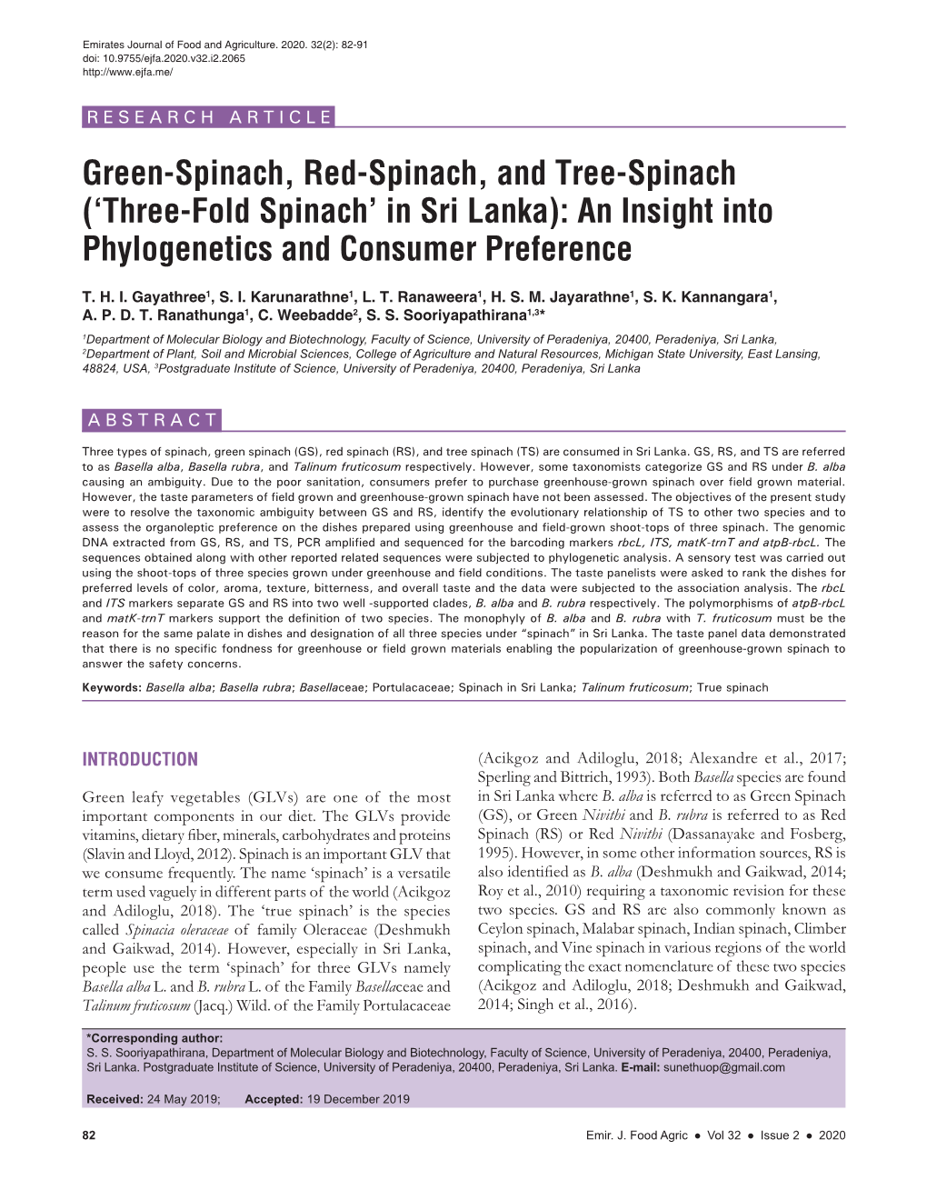 ('Three-Fold Spinach' in Sri Lanka): an Insight Into Phylogenetics And