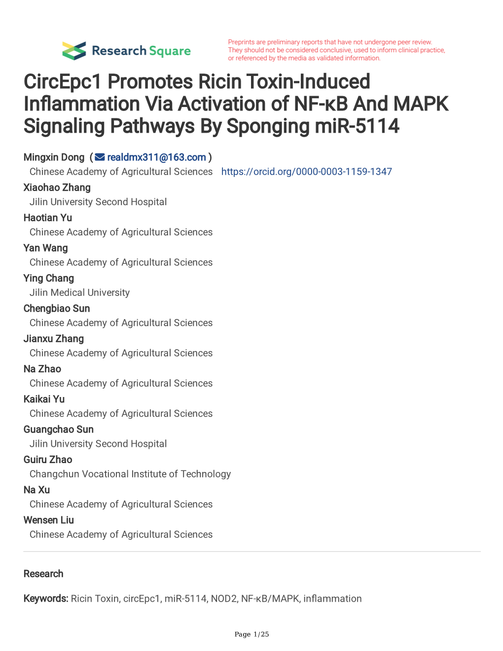 Circepc1 Promotes Ricin Toxin-Induced in Ammation Via