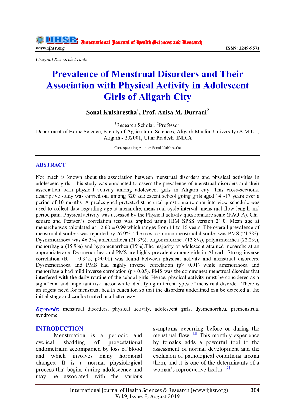 Prevalence of Menstrual Disorders and Their Association with Physical Activity in Adolescent Girls of Aligarh City