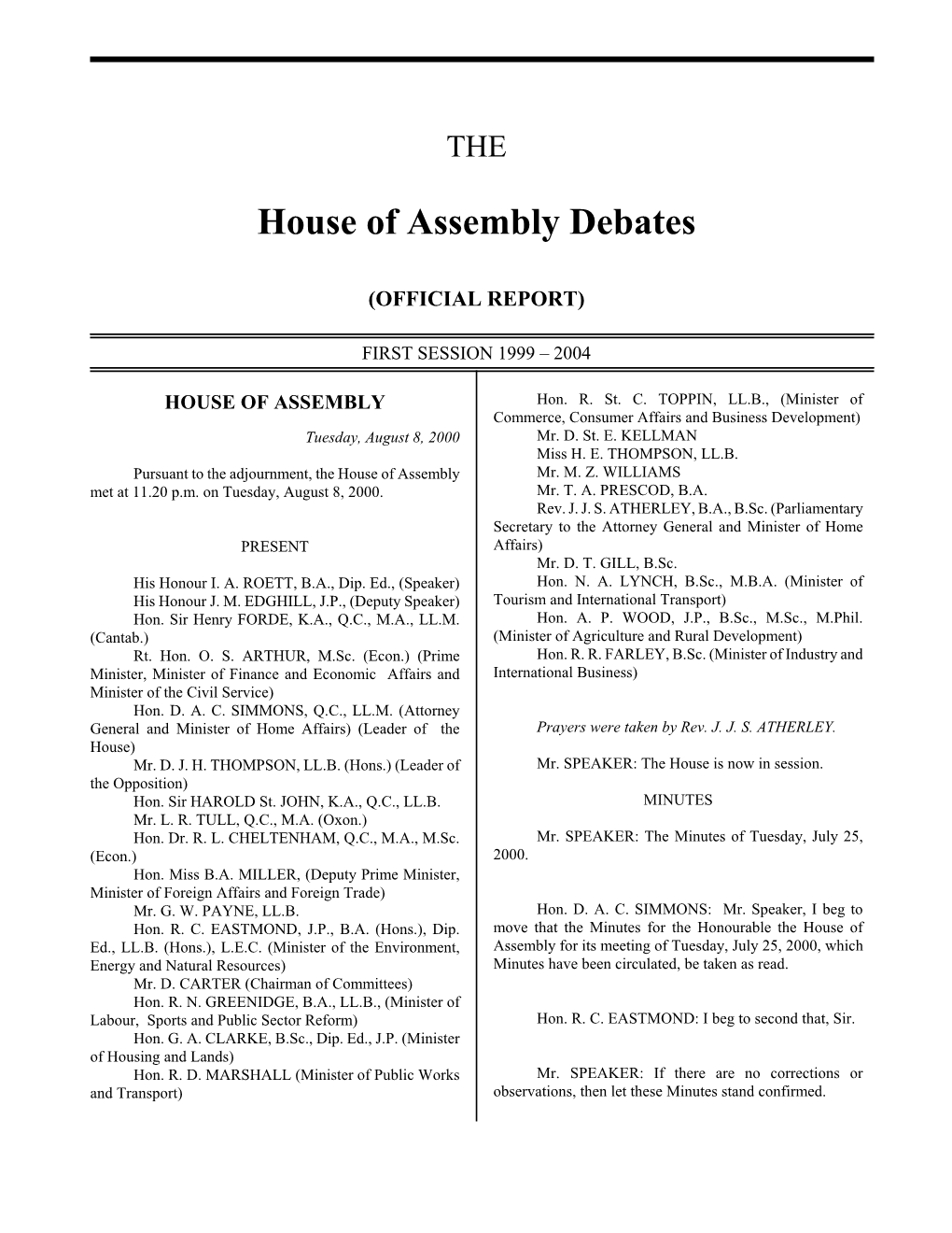House of Assembly Debates