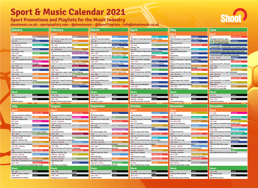 Sport & Music Calendar 2021