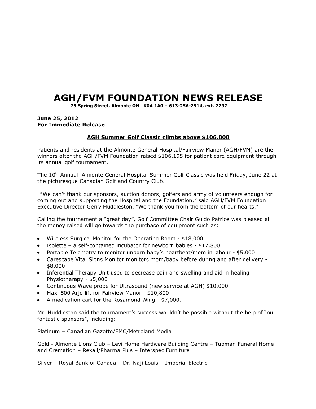 Agh/Fvm Foundation News Release