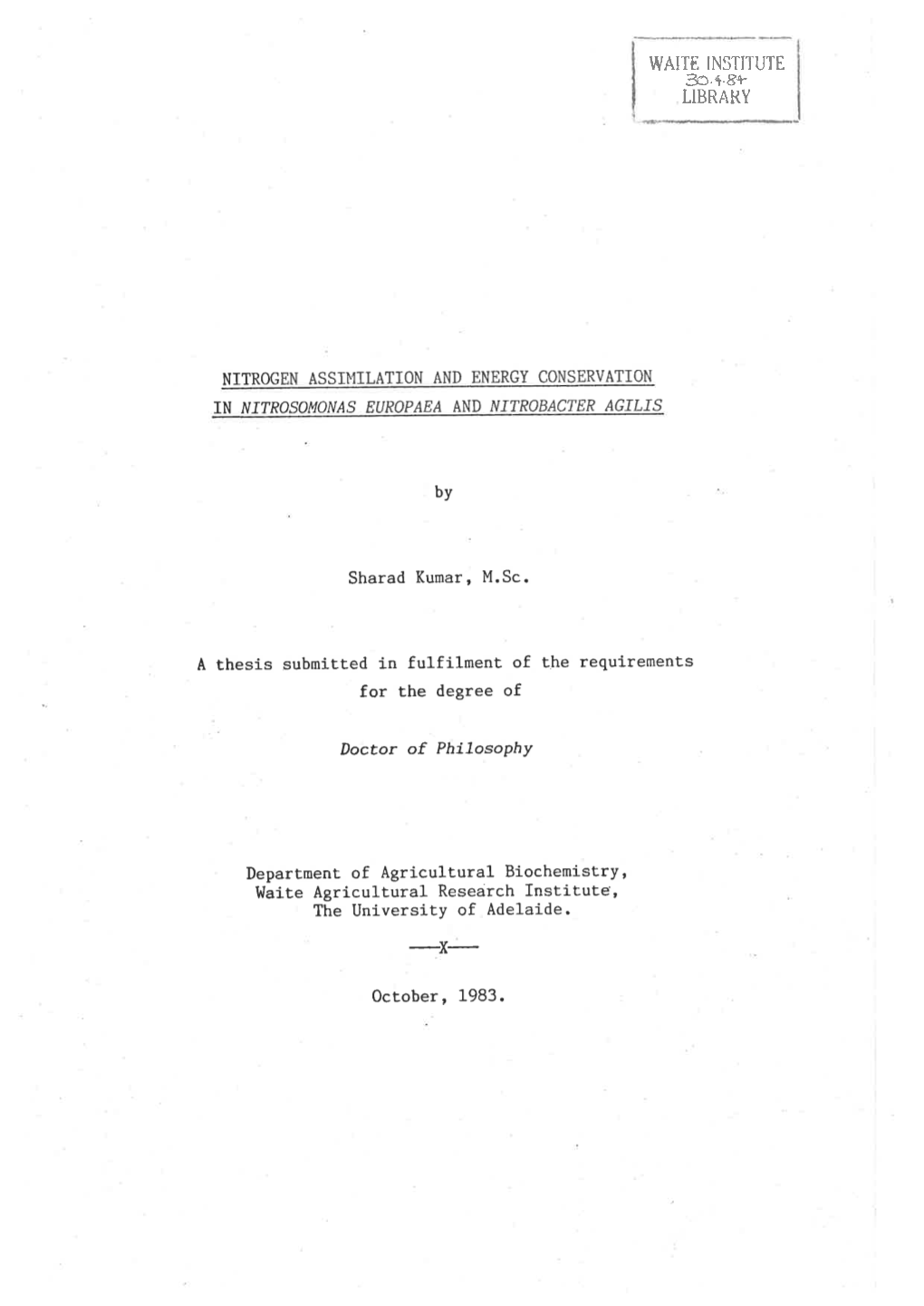 Nitrogen Assimilation and Energy Conservation in Nitrosomonas