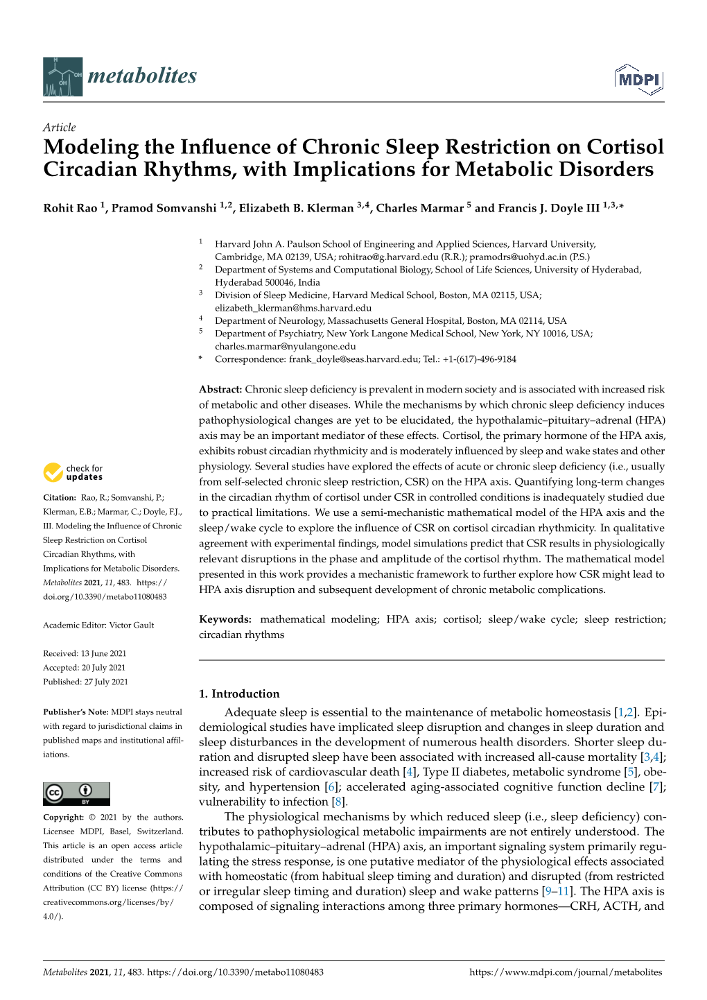 Modeling the Influence of Chronic Sleep Restriction on Cortisol