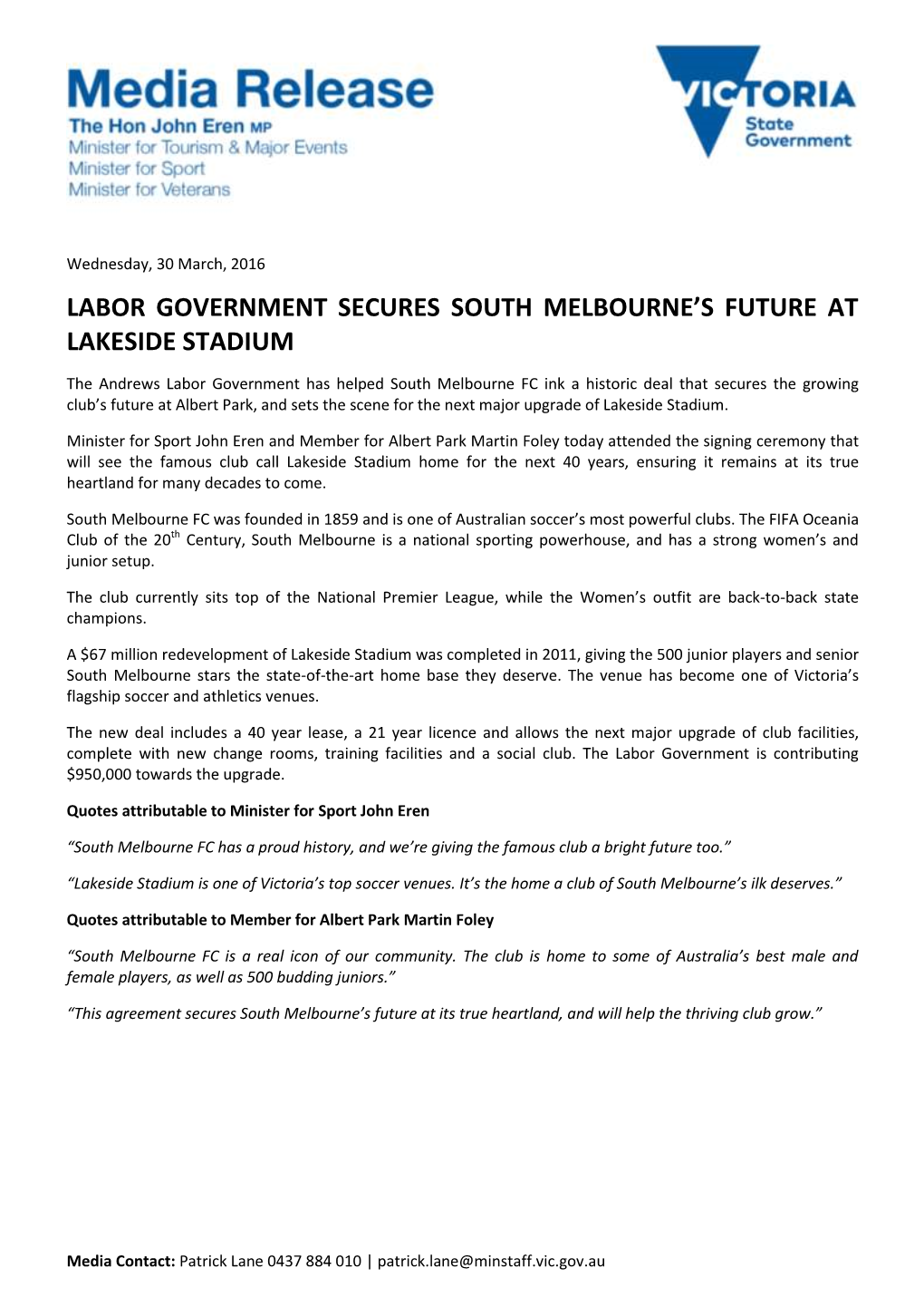 Labor Government Secures South Melbourne's Future at Lakeside