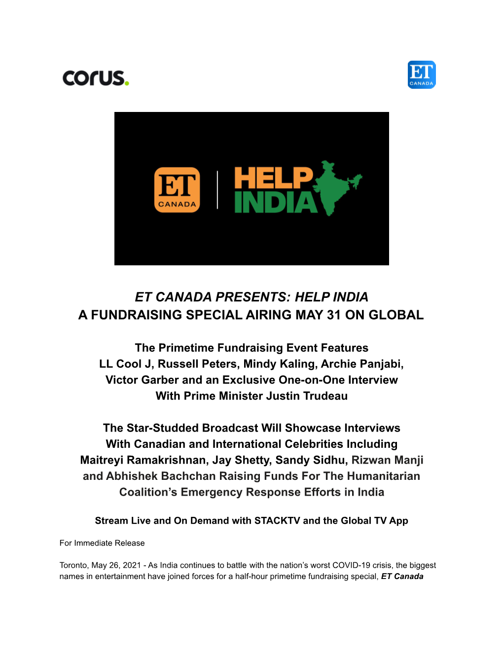 Et Canada Presents: Help India a Fundraising Special Airing May 31 on Global