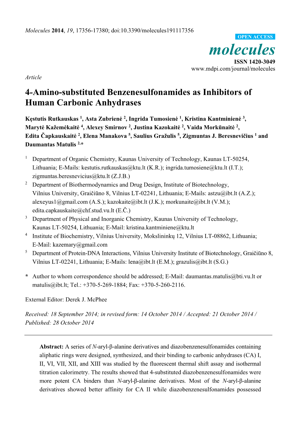 4-Amino-Substituted Benzenesulfonamides As Inhibitors of Human Carbonic Anhydrases